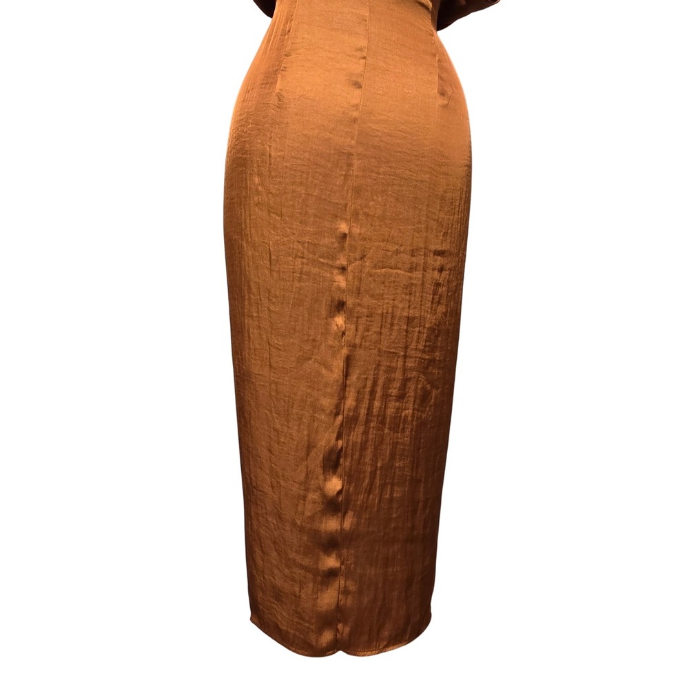 Steve Madden Women's Satin Draped Midi Shirt Dress Bronze Button Tie Waist Sz 6 - Picture 8 of 12
